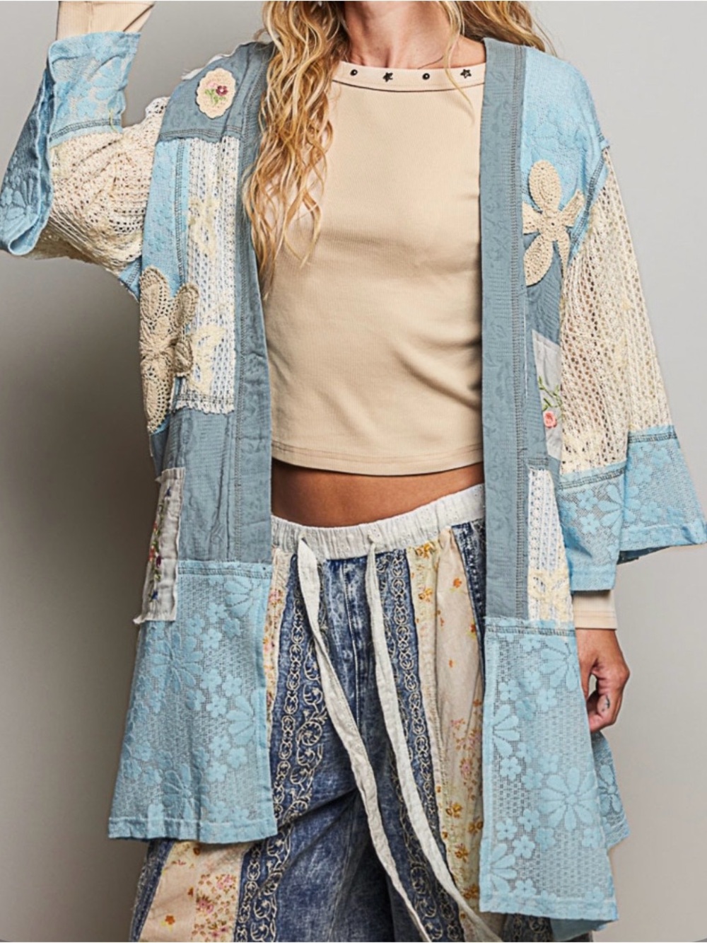 🤗POL- Light Blue Patchwork Kimono Cardigan
